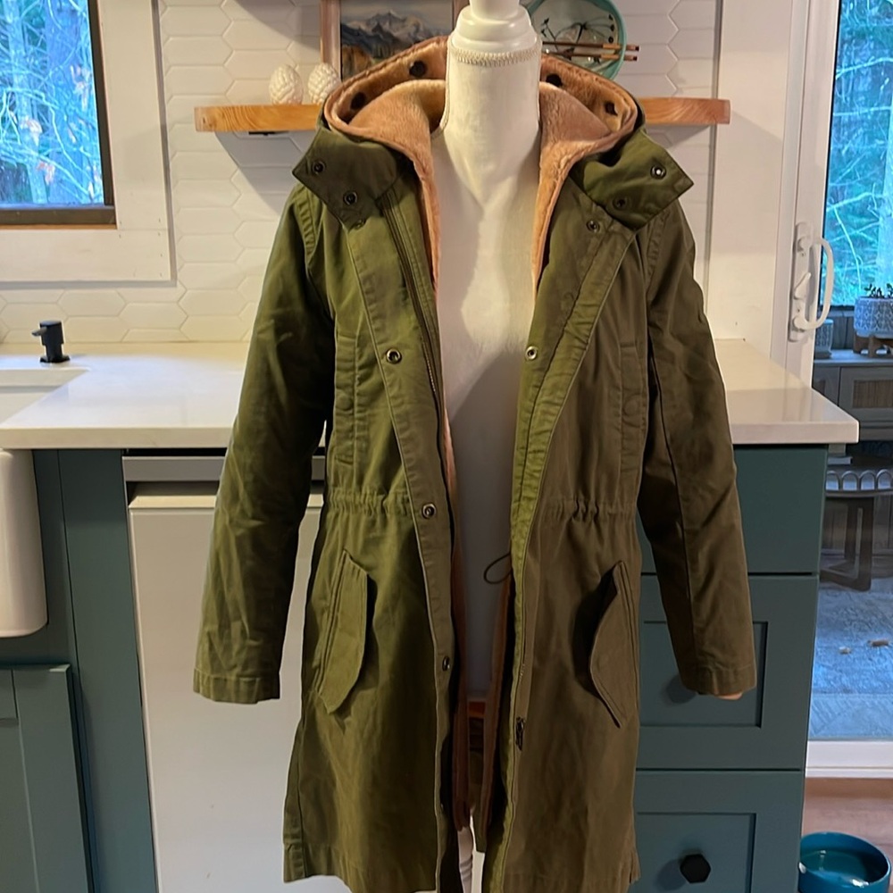 Madewell Pink Sherpa Lined Army Green Parka Utility Coat